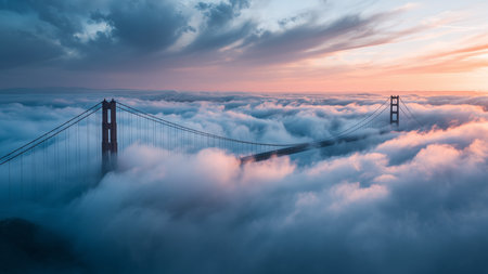 Golden Gate Bridge in San Francisco, California, USA. Foggy morning.の素材
