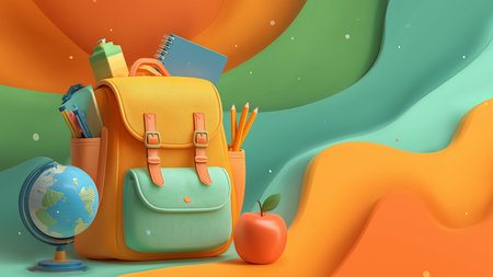School backpack and school supplies on abstract background. 3D illustration.の素材