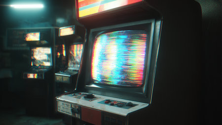 Vintage arcade game machine with colorful lights. Retro video game backgroundの素材
