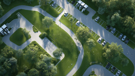 Aerial view of the road in the park. Top view.の素材