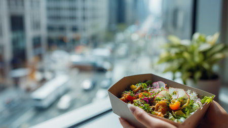 Vegetable salad in a paper bag on the background of the cityの素材