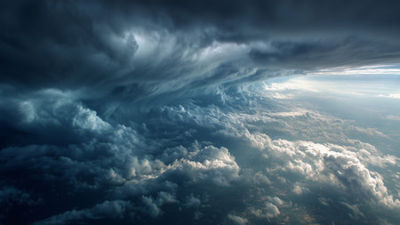 Aerial view of beautiful blue sky with white clouds and sunbeamsの素材