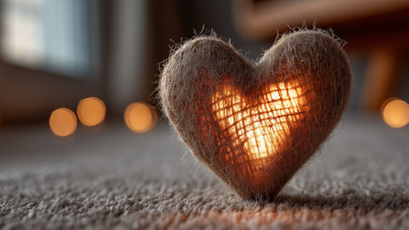 Heart shaped pillow on the carpet with bokeh lights in the backgroundの素材