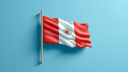 3D rendering of the national flag of Peru waving in the wind on a blue background.の素材