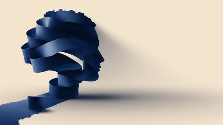 3d illustration of human head with blue ribbon over light background.の素材