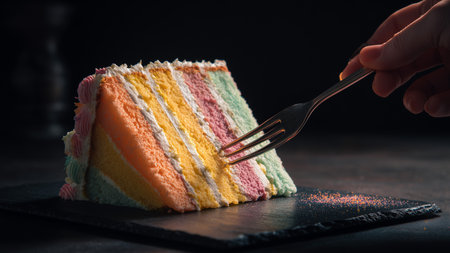 Rainbow cake with fork on black background. Selective focus.の素材