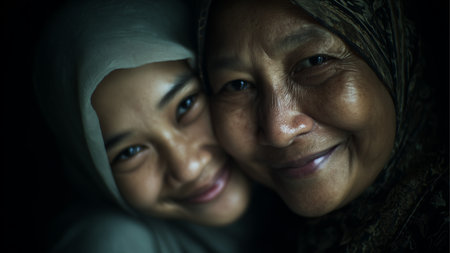 Portrait of a happy muslim woman and her daughter looking at cameraの素材