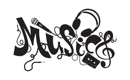 Stylish Font composition on a musical theme, created in the minimal style, doodles black and white colorsのイラスト素材