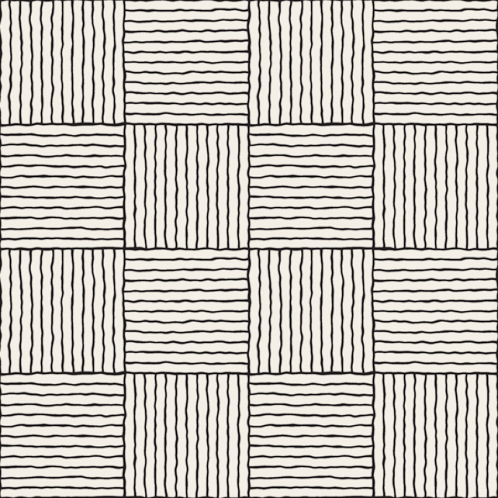 Vector Seamless Black And White Hand Drawn Checker Lines Pattern. Abstract Freehand Background Designのイラスト素材