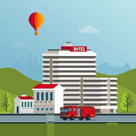 Vector Flat Style Cityscape Buildings Hotel and Fire Truck Illustrationのイラスト素材