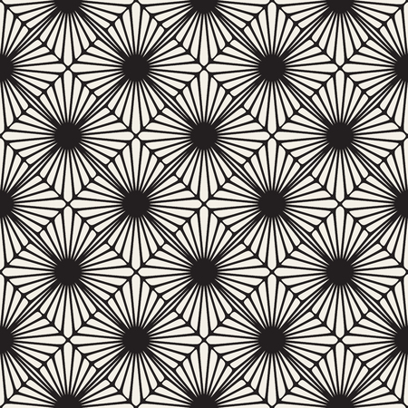 Vector Seamless Black and White Rounded Sunburst Shape Lace Pattern. Abstract Geometric Background Designのイラスト素材