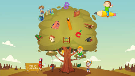 Children around Tree of Knowledge having book, test tube, ruler, bag sticked on it. One child flying sitting on pencil. Backroung having colorful sky and clouds around and awesome nature.の写真素材