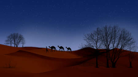 Abstract Background with three camel and one man rider in desert. Evening scenery with arid dry trees around.の写真素材