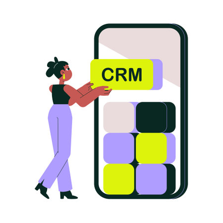 CRM specialist managing customer relationship management app on smartphone, flat vector illustration for CRM strategy, client management, and digital marketing toolsのイラスト素材