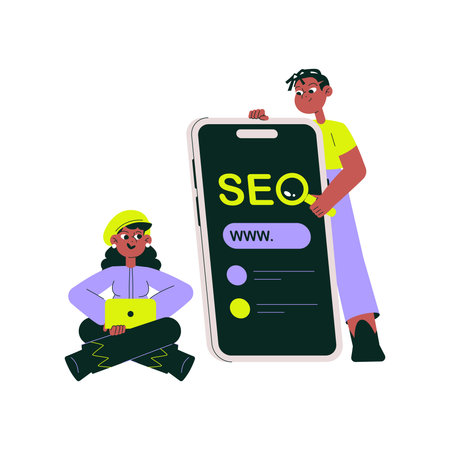 Digital marketing specialists male and female discussing SEO strategy, large smartphone screen displaying SEO concept, vector illustration for search engine optimization and online marketingのイラスト素材