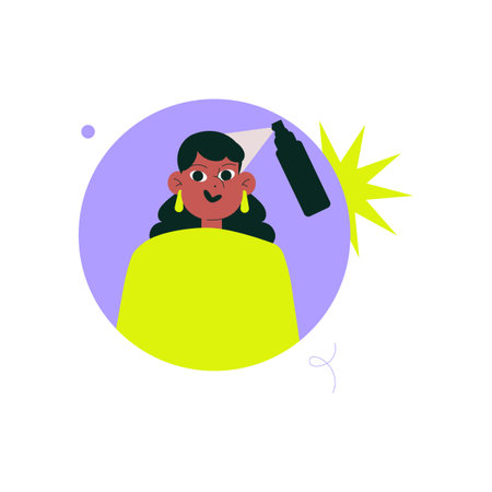 Salon haircare client getting a spray treatment, flat vector illustration symbolizing hairstyling, beauty treatments, and professional hairstyling servicesのイラスト素材