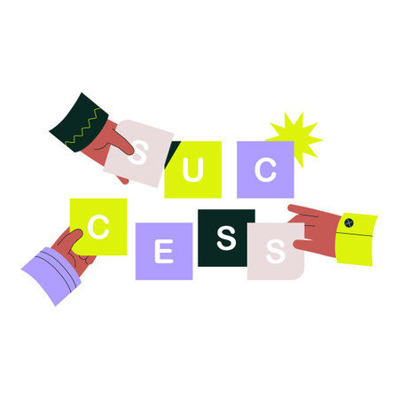 Success puzzle being assembled by hands, symbolizing teamwork, collaboration, and achievement. Flat...