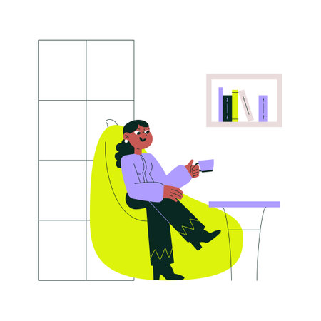 Coffee break in modern interior, flat vector illustration symbolizing relaxation, comfort, and casual leisure time at home or in the office isolated on white background.のイラスト素材