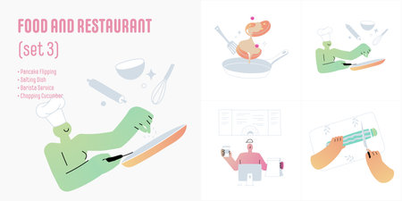 Food and restaurant illustrations set symbolizing pancake flipping, salting dish, barista service, chopping cucumbers, flat vector illustration isolated on whiteのイラスト素材