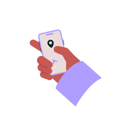 GPS navigation on smartphone held in hand, flat vector illustration symbolizing location tracking,...