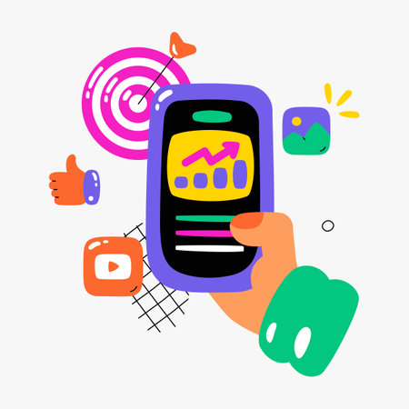 Mobile engagement with social media analytics displayed on a smartphone, symbolizing digital marketing, online performance tracking, and content strategy. Isolated flat vector illustrationのイラスト素材