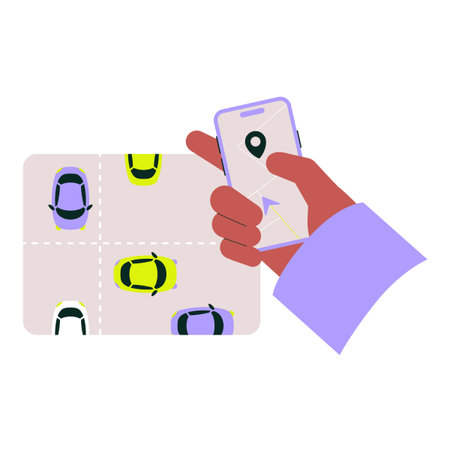 GPS navigation for parking with hand holding smartphone and aerial view of parking lot, flat vector illustration about location tracking and vehicle parking, isolated on white backgroundのイラスト素材