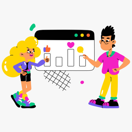 Social media specialists reviewing engagement metrics with a focus on likes, hearts, and comments, flat vector illustration symbolizing digital marketing strategy and performance analysisのイラスト素材
