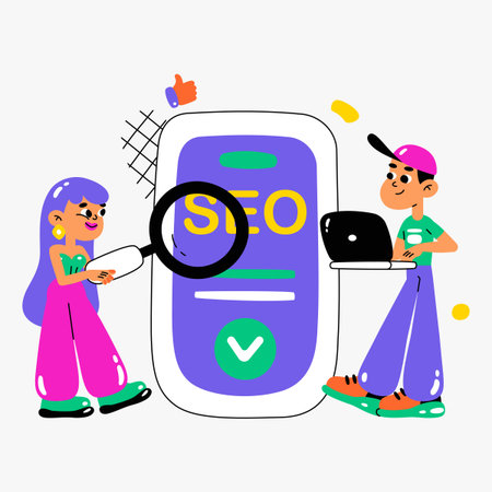 SEO optimization concept with male and female marketers working on website ranking, featuring large smartphone, magnifying glass, and laptop, in flat vector illustration, isolated on whiteのイラスト素材
