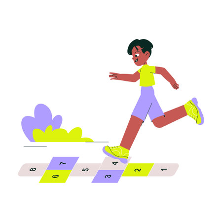 Hopscotch game with child playing outdoors, flat vector illustration symbolizing childhood fun, outdoor games, and physical activity, isolated on white backgroundのイラスト素材