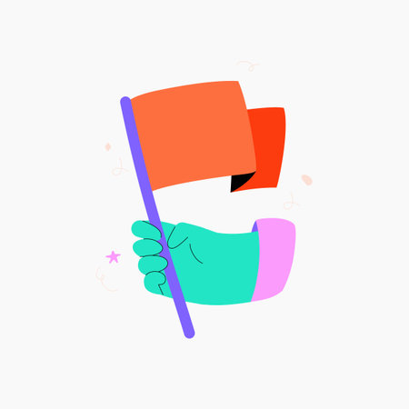 Hand holding red flag symbolizing alert, caution, or warning, ideal for notification or signaling concepts, flat vector illustration, isolated on white background.のイラスト素材