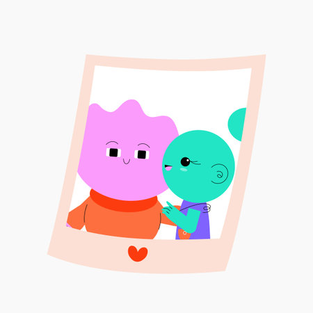 Cartoon couple in a photo frame symbolizing love, affection, and togetherness, ideal for family,...