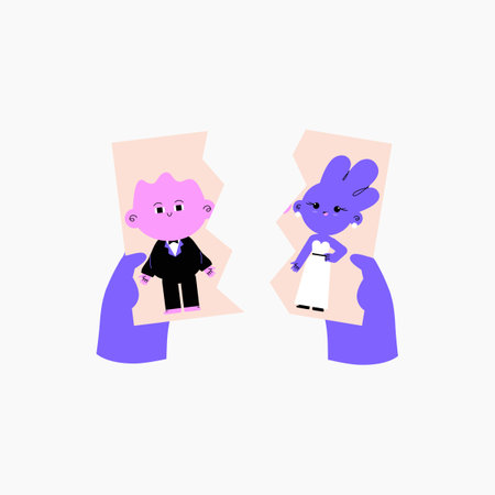 Torn wedding photo depicting a broken relationship, ideal for themes of divorce, separation, and relationship struggles, flat vector illustration, isolated on white backgroundのイラスト素材
