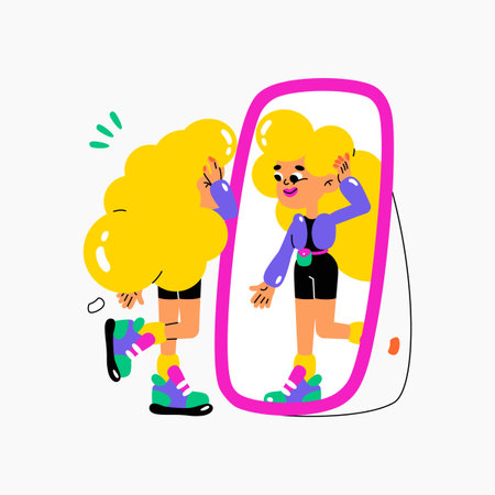 Woman admiring herself in mirror symbolizing self reflection, confidence, and self-esteem, flat vector illustration isolated on white background.のイラスト素材