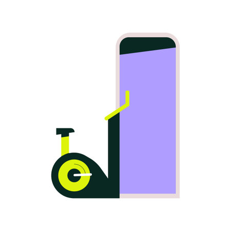 Stationary exercise bike in front of a large smartphone screen, isolated flat vector illustration symbolizing fitness, home workout, and fitness app for digital fitness training.のイラスト素材