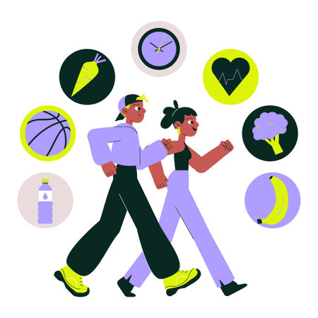 Healthy lifestyle couple walking surrounded by fitness and nutrition icons, isolated flat vector illustration symbolizing wellness, exercise, and balanced diet.のイラスト素材
