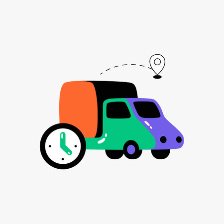 Delivery truck with clock in flat vector illustration symbolizing express delivery, punctuality, and logistics, isolated on white background.のイラスト素材