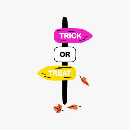 Trick or treat sign with autumn leaves in flat vector illustration symbolizing Halloween spirit, holiday, and festive celebration, isolated on white backgroundのイラスト素材