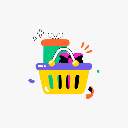 Gift basket with presents in flat vector illustration symbolizing shopping, gift giving, and celebrations, isolated on white background.のイラスト素材