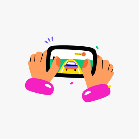 Hands playing mobile video game in flat vector illustration symbolizing gaming, entertainment, and technology, isolated on white backgroundのイラスト素材