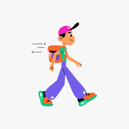 Walking courier with backpack in flat vector illustration symbolizing delivery, transportation, and logistics, isolated on white backgroundのイラスト素材