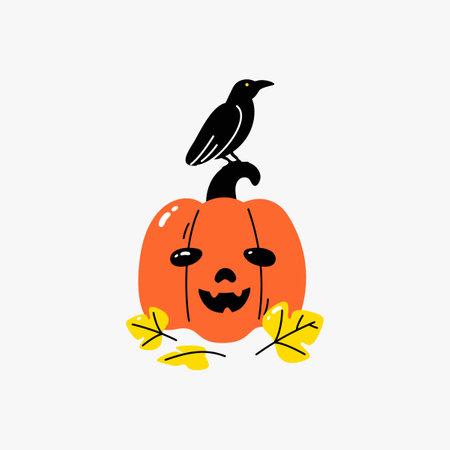 Pumpkin with raven in flat vector illustration symbolizing Halloween, autumn, and spooky decoration, isolated on white backgroundのイラスト素材