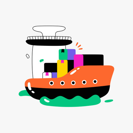 Cargo ship carrying containers in flat vector illustration symbolizing global shipping, logistics, and transportation, isolated on white backgroundのイラスト素材