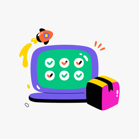 Checklist on computer screen with package in flat vector illustration symbolizing order fulfillment, tracking, and e commerce, isolated on white backgroundのイラスト素材
