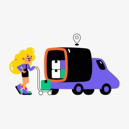 Female courier loading packages into van in flat vector illustration symbolizing delivery, logistics, and transportation, isolated on white backgroundのイラスト素材