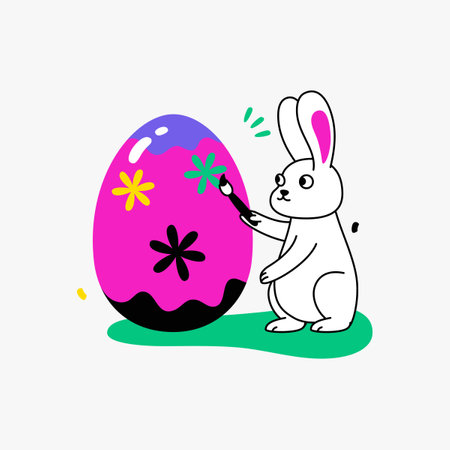 Bunny painting Easter egg in flat vector illustration symbolizing creativity, spring, and celebration, isolated on white background.のイラスト素材