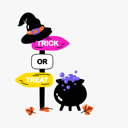 Trick or treat sign with witch hat and cauldron in flat vector illustration symbolizing Halloween spirit, magic, and festivity, isolated on white backgroundのイラスト素材