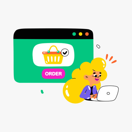 Woman ordering online in flat vector illustration symbolizing e commerce, online shopping, and digital purchases, isolated on white backgroundのイラスト素材