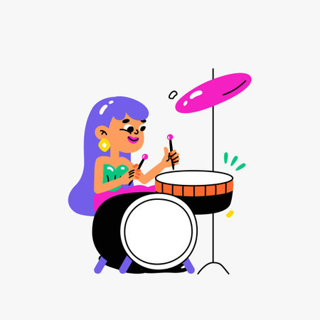 Drum set with cymbal and female musician in flat vector illustration symbolizing music, rhythm, and celebration, isolated on white backgroundのイラスト素材