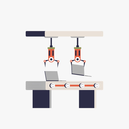 Robotic arms assembling laptops on conveyor belt in flat vector illustration symbolizing automation, technology, and industrial manufacturing, isolated on white background.のイラスト素材