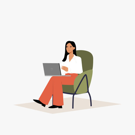 Female character working on laptop in flat vector illustration symbolizing productivity, remote work, and modern technology, isolated on white background.のイラスト素材